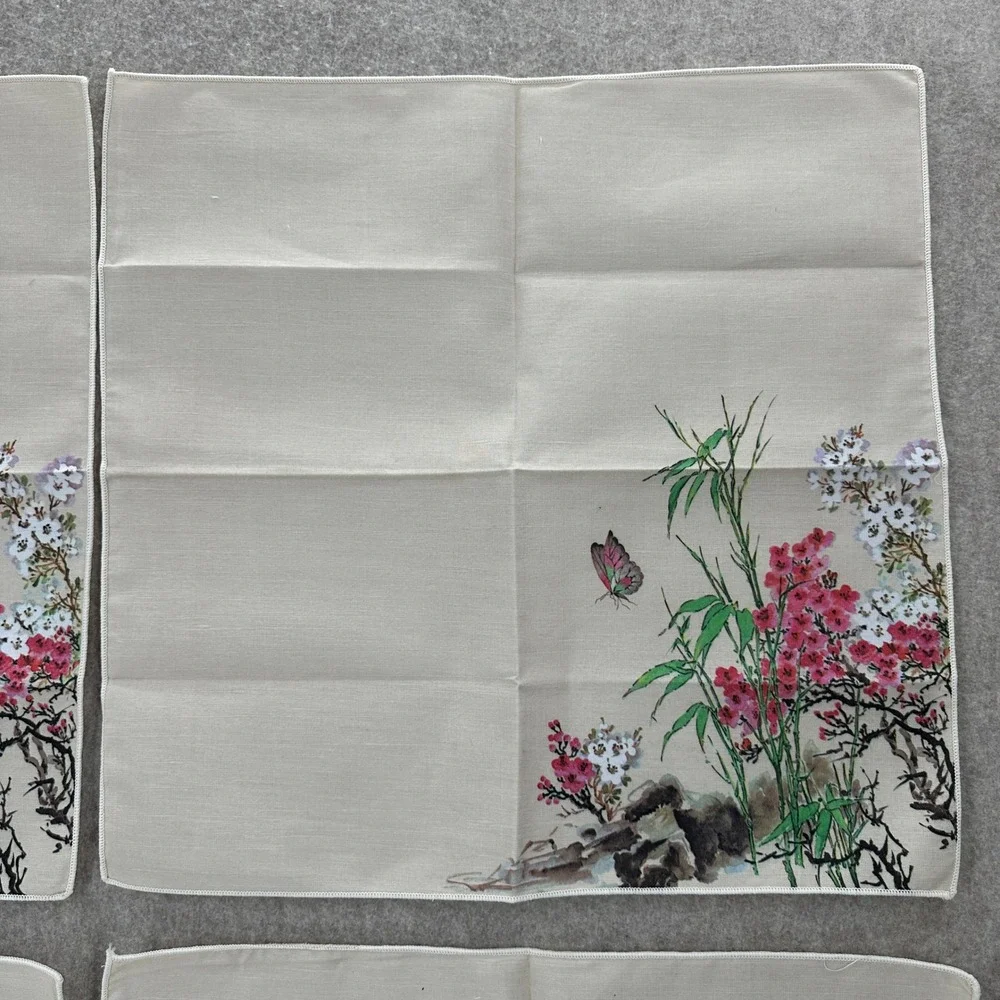 VTG Napkins Set of 4 Cream Asian Floral Bamboo Butterfly Print 19